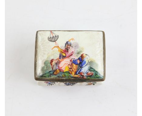 Late 18th / early 19th Century Bilston type white enamel rectangular pill or patch box the cover enamelled with oriental figu