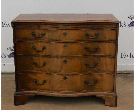 19th century mahogany serpentine fronted chest with brushing slide, over four graduated long drawers on  bracket feet, w99 x 