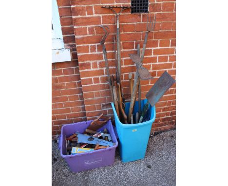 Two boxes of assorted garden and work tools