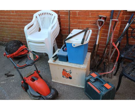 Assorted tools, woodworking and garden tools, lawn mower and saw