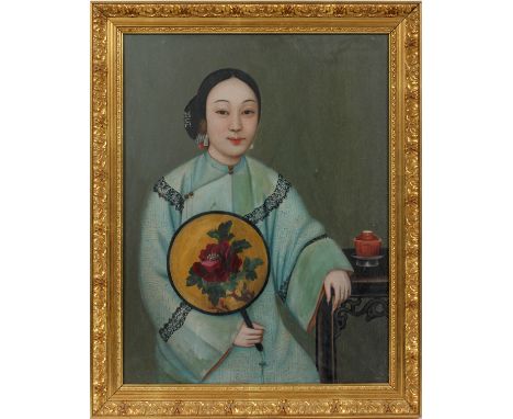 CHINESE EXPORT OIL ON PAPER, C. 1850-1900, H 23", W 17", "PORTRAIT OF A LADY WITH FAN": Image size: H 22 3/4", W 17 1/6". Lik