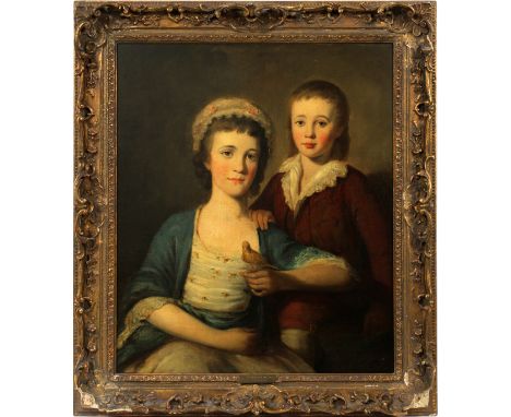 HENRY R. MORLAND [BRITISH, C. 1719-1797], OIL ON CANVAS LAID DOWN, H 29", W 24", "MISS ISABELLA BLAIR": Unsigned; titled "Mis