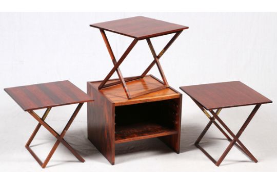 mid-century modern end table with 3 folding coffee tables stored mid-century modern end table with 3 folding coffee tables stored