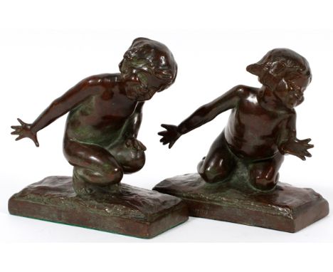 EDITH BARRETTO PARSONS, USA 1878-56, BRONZE, "CHILDREN PLAYING," BOOKENDS, C. 1913, H 6", W 6": Gorham foundry. # 096.Copyrig