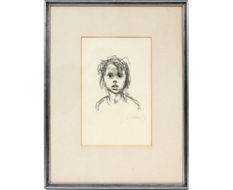 KATHE KOLLWITZ, LITHOGRAPH 5 5/16" X 4 1/8" CHILD'S HEAD: Pencil signed. Visible paper size: 9 3/4" x 6 1/2". Invoice on back