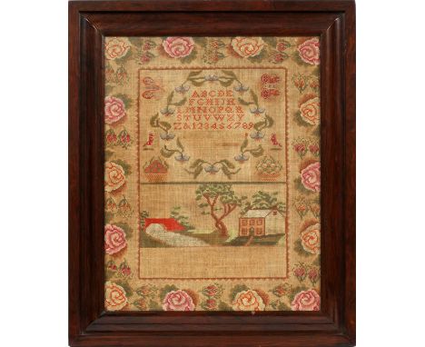 EMBROIDERED ALPHABET, PICTORIAL & PHRASE SAMPLER, 1827, 19" X 15": Having the uppercase block alphabet above a phrase all enc