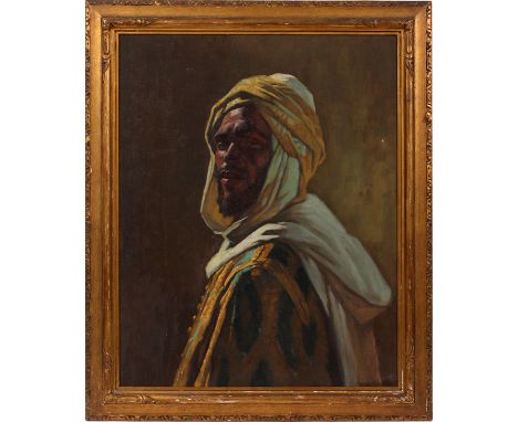 GORDON COUTTS [AMERICAN 1868-1937], "BEDOUIN", H 29", W 23": Portrait of a Bedouin, signed lower right. Carved gilt wood fram