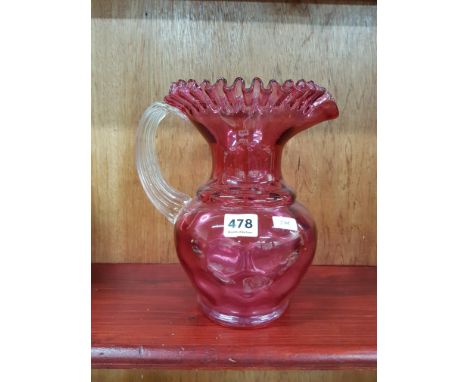 VICTORIAN RUBY GLASS RIBBON RIMMED WATER JUG A/F