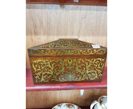 ANTIQUE ROSEWOOD BRASS INLAID TEA CADDY