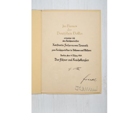 Deutsches Reich 1933 - 1945 - Führende Persönlichkeiten des 3.Reiches : Ernennungsurkunde Konstantins von Neurath zum Reichsp