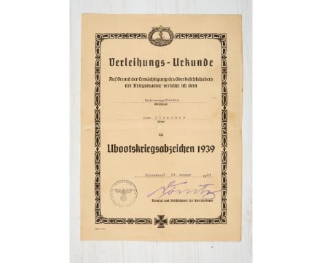 Kriegsmarine - Allgemein : Dokumenten- und Fotonachlass des Matrosengefrei Arno Streuberten Verleihungsurkunde zum U-Boot-Kri