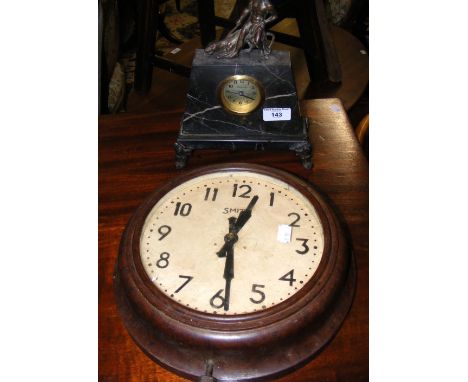 An Art Deco marble cased mantel clock with figural surmount, together with a Bakelite cased Smiths wall clock