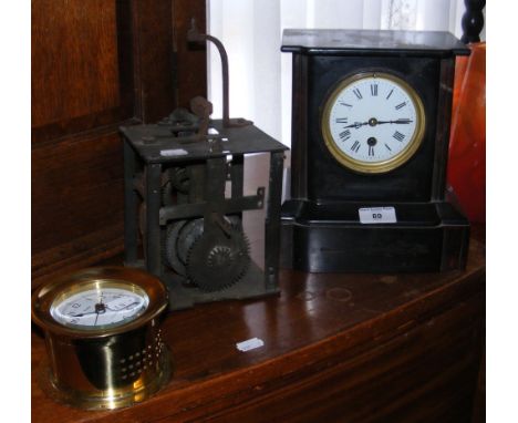 Slate cased mantel clock timepiece, lantern clock movement and brass wall clock