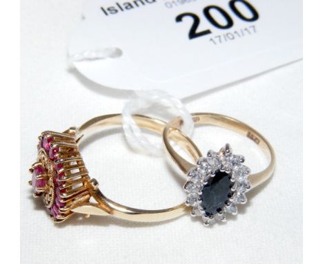 A  gold ruby cluster ring and a 9ct gold sapphire and diamond ring