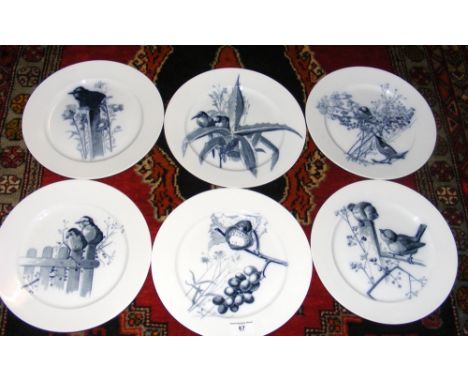 A set of six 26cm diameter plates - transfer printed with birds, fruit and foliage