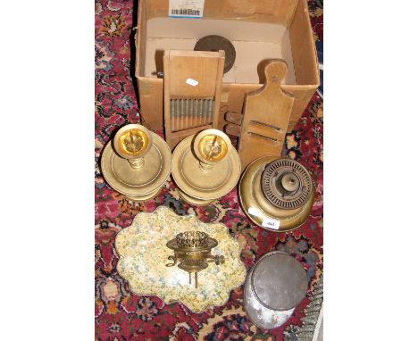 Pair of metal candlesticks, together with other collectables