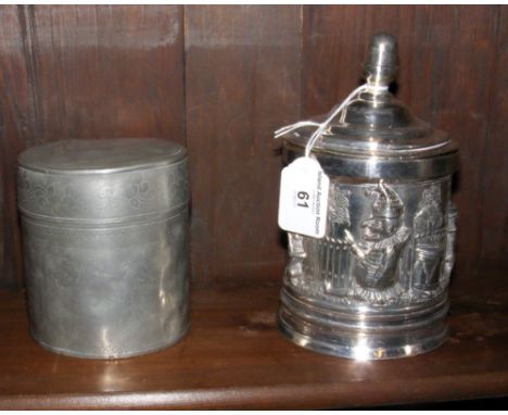 Early Chinese pewter tea caddy with mark to the base and a heavy plated tobacco jar and cover with "Punch" scene to the surro