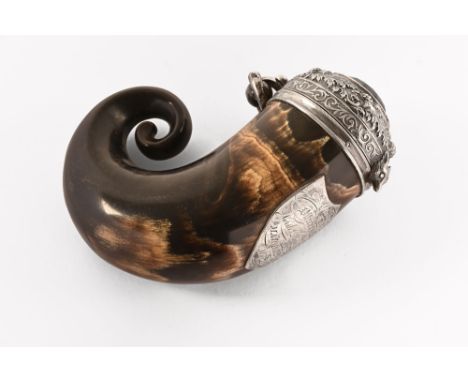 A 19th century Scottish snuff mull, the silver coloured top decorated with a foxes head, thistles, a hard stone and a hinged 