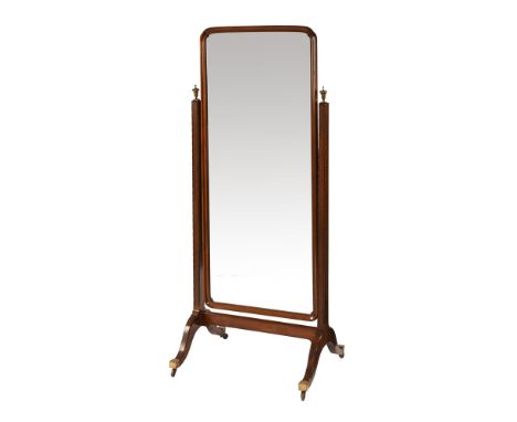 A mahogany framed cheval mirror, with bevelled glass and raised on downswept legs terminating in brass capped castors.  Heigh