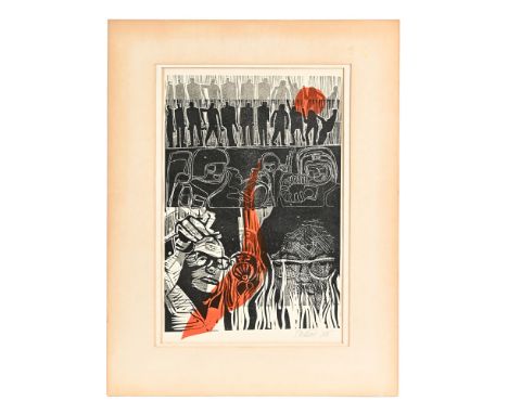 Ron Watson, a screen print decorated with dancing figures, military figures and possibly Malcolm X, signed and dated '75.  48