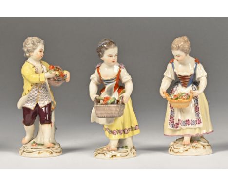 Three Meissen porcelain figures, all similar with gilding to each base and blue crossed swords mark.  Tallest 12.5 cm (see il