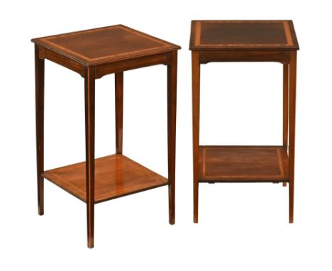 A pair of Edwardian inlaid mahogany side tables, raised on tapered legs of square section with low shelf.  Height 66.5 cm, to