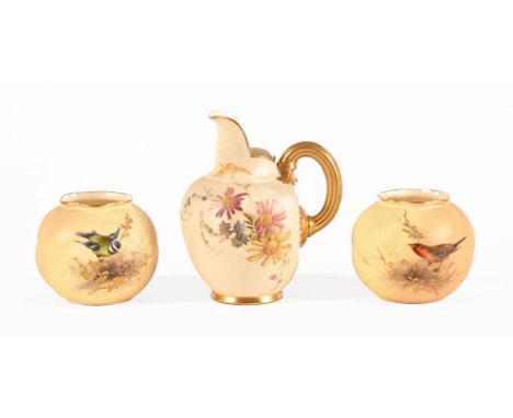 Two Royal Worcester vessels, one decorated with a blue tit another with a robin and together with a flat back jug.  Tallest 1