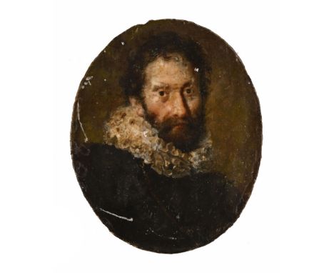 A 17th/18th century English School portrait miniature on ivory, oil, of a man wearing a ruff with beginnings of a portrait to