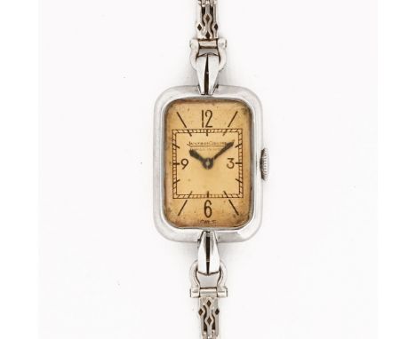 An Art Deco Jaeger le Coultre wristwatch, with 9 ct white gold bracelet.  Face dimensions 14 cm x 20 cm excluding lugs (see i