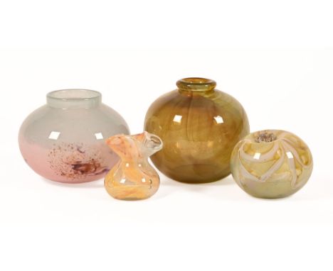 Four pieces of coloured Art Glass, in shades of yellow, umber, pink and mauve.  Largest vase +/- 18 cm high.