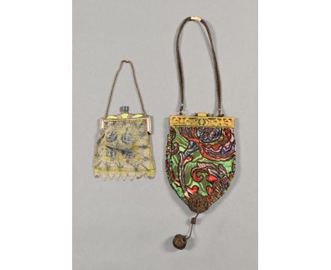 An Art Deco mesh and faux enamel purse, and a fabric and metal purse.