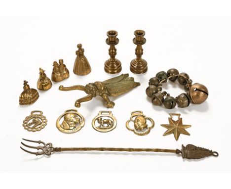 Four Dutch brass girl table bells, an insect boot pull, candlesticks, brass animal bells, toasting fork etc.