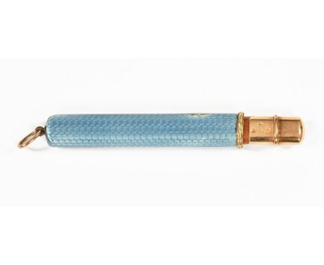 A Russian gold and enamel pencil holder, with light blue enamel, the suspension ring stamped 56, the pencil gold terminal als