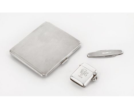 A silver cigarette case, with engine turned exterior and silver gilt interior, makers mark WN and SE Birmingham 1962, togethe