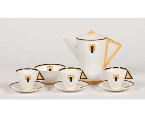 A Shelley Art Deco Vogue pattern coffee pot, together with three cups, saucers and sugar bowl, the coffee pot with Registered