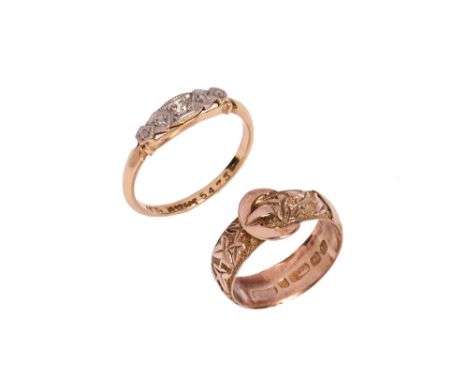 An 18 ct gold Art Deco diamond set ring, Size O/P.  Gross weight 2.34 grams and a 9 ct gold buckle ring Size K, 2.76 grams.