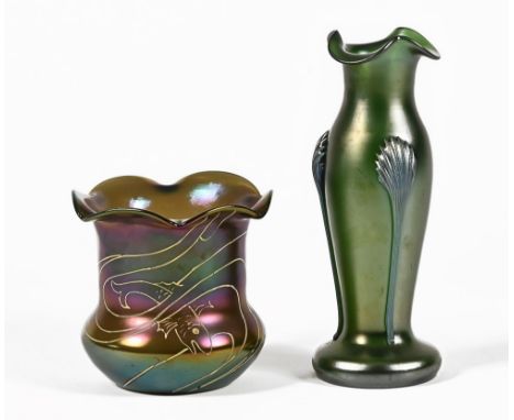 A Loetz style iridescent glass vase, with scallop shell effect design.  Height 23 cm, together with an Art glass vase with Wi