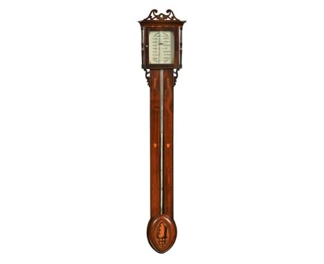 A George Purchon Edwardian inlaid mahogany barometer, with shell inlay to the lower section.  Overall length 98 cm.