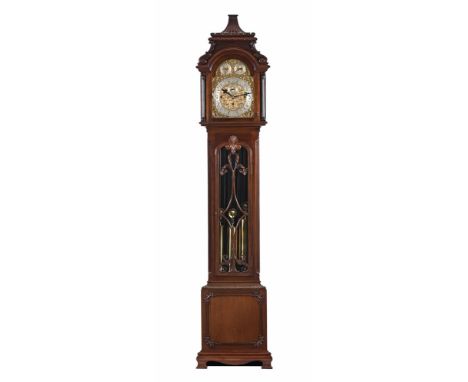 An early 20th century mahogany longcase clock, with three train fusee musical movement with nine gongs and musical cylinder, 