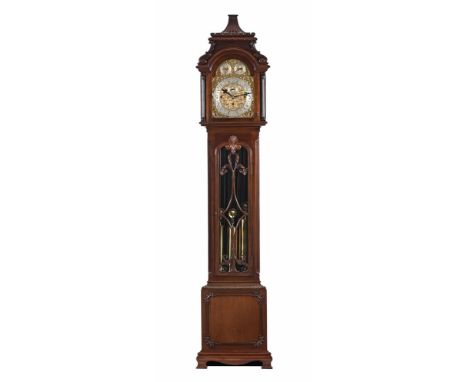 An early 20th century mahogany longcase clock, with three train fusee musical movement with nine gongs and musical cylinder, 