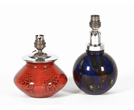 In the manner of Karl Wiedmann for WMF, two Art Glass lamp bases with chrome light fittings, the blue lamp overall height 22 