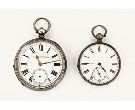 A silver cased key wind chronometer lever pocket watch.  Case diameter 53 mm and another.