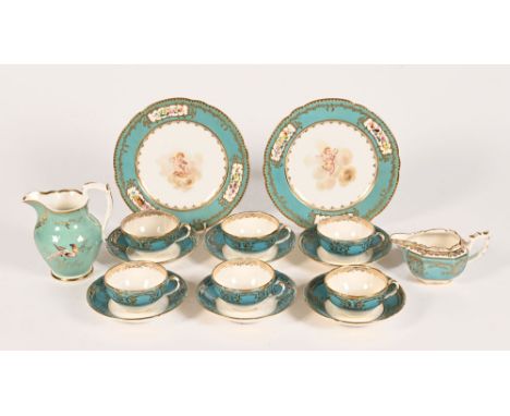 A set of six teacups and saucers, decorated in white blue and gilt decoration with matching cream jug, together with two cont