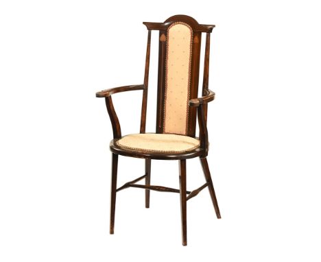 An Edwardian Art Nouveau inlaid armchair, with upholstered seat and back.  Height 104 cm, width at arms 53.5 cm, seat height 