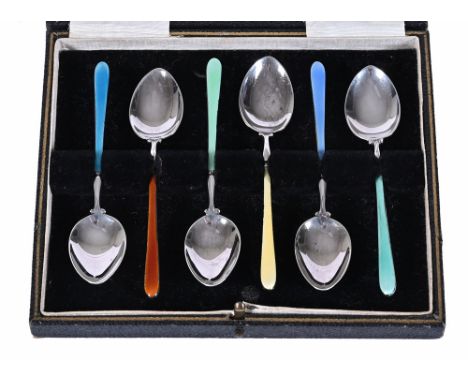 A boxed set of six guilloche enamel teaspoons, in various colours by Henry Clifford Davies Birmingham 1953.   CONDITION REPOR
