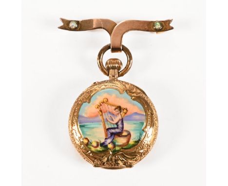 A 14 ct gold foliate engraved fob watch, with enamelled back, with ribbon brooch mount in 9 ct gold and opal cabochons.  Case