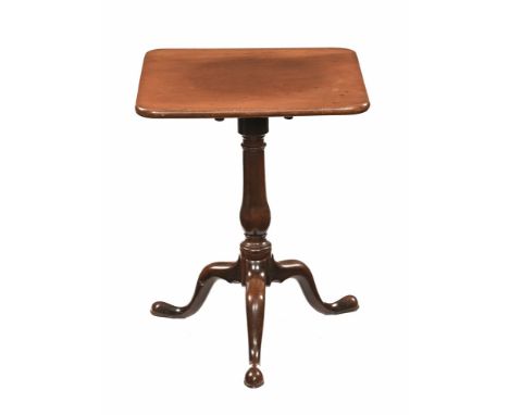 A Georgian mahogany tripod table, with snap square top with turned column support and raised on three legs.  Height 70 cm, wi