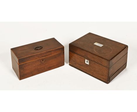 A Georgian mahogany tea caddy, with boxwood stringing.  Width 30.5 cm together with a rosewood jewellery casket containing a 