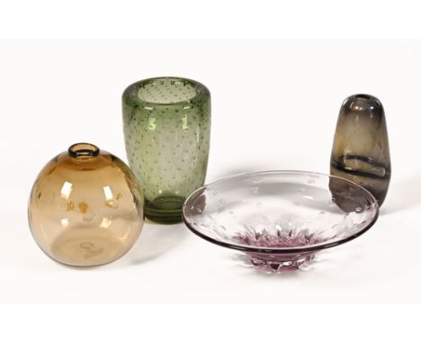 Four pieces of Art Glass with bubble inclusions, some with indistinct signatures to base.  Tallest vase +/- 19 cm high.
