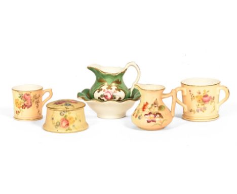 A Royal Worcester miniature Tyg jug, cup and lidded vessel together with a miniature jug and bowl.  Tallest 5.5 cm.